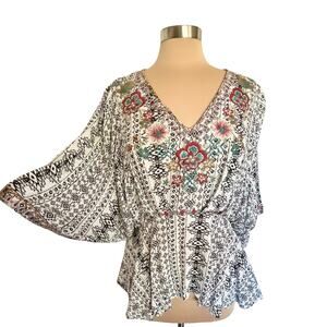 Savanna Jane Geometric Print Floral Embroidered Boho Top Sz M Casual Summer